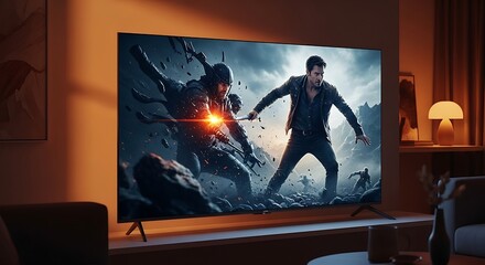 Captivating action movie scene displayed on a modern television in a cozy interior space
