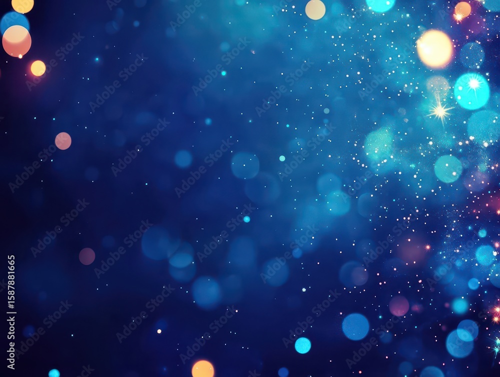 Poster bright blue bokeh lights create an abstract background with flying particles and vivid illumination 