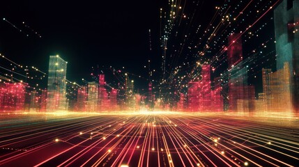 A futuristic cityscape at night, rendered in vibrant, glowing lines and particles, radiating energy and connectivity from a central vanishing point