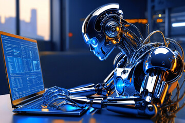 Cyberpunk scene with futuristic robot working on laptop, cybernetic robot programmer. Concept of artificial intelligence, future technologies, programming, robotics, AI