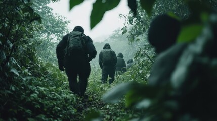 A group treks through a dense, rain-soaked jungle, their figures partially obscured by lush foliage and mist.  The path ahead is barely visible, creating a sense of mystery and adventure