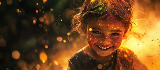 A joyful young girl, her face and hair vibrantly adorned with multicolored powder, smiles radiantly amidst a swirling, golden haze of celebratory dust
