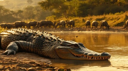 A large alligator rests on a riverbank at sunset, a herd of elephants drinking water in the background, golden hour light illuminating the scene