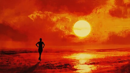 A lone female runner silhouetted against a fiery sunset over a calm body of water, the sun a large, bright orb in the sky.  The scene evokes feelings of peace and determination