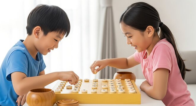 Captivating image of two adorable asian children deeply engrossed in playing shogi at home