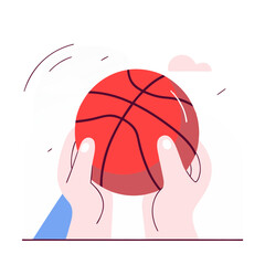 Flat vector illustration in modern flat art style of a hands holding basketball