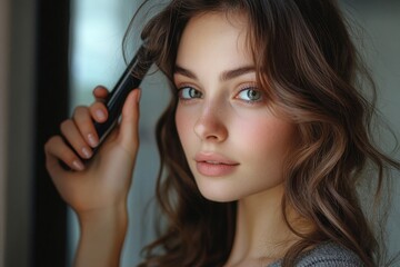 Obraz premium Women hairdo and makeup routine, young woman looking at the mirror and using an iron to curl her long hair at home, Generative AI