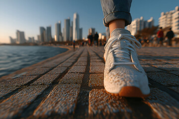Walking on Paved City Promenade Near Water With Urban Skyline, motion blur Business concept, motion bokeh background