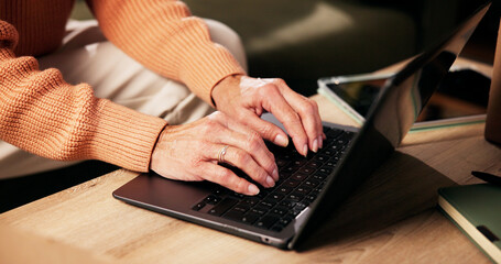 Woman, hands and typing on laptop for research, remote work or website update for small business....