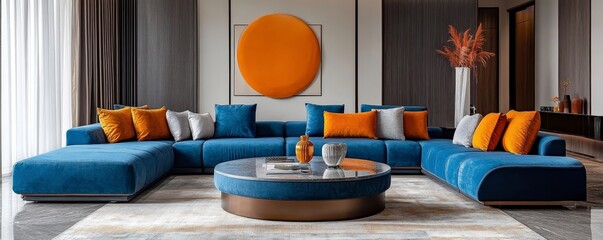 Modern interior of a living room with a pouf, creating a comfortable and relaxed atmosphere, Generative AI