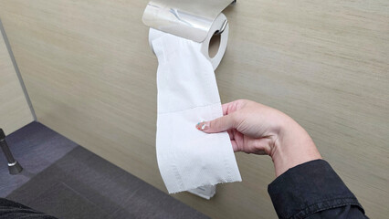 Hand holding toilet paper from wall dispenser