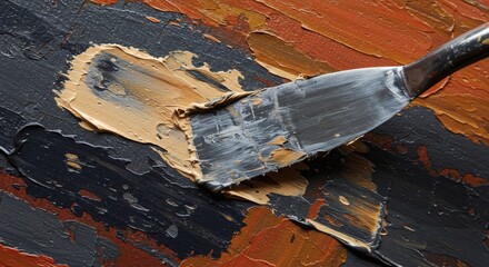 Textured paint applied with palette knife. Close-up of impasto technique, artistic process on abstract canvas.