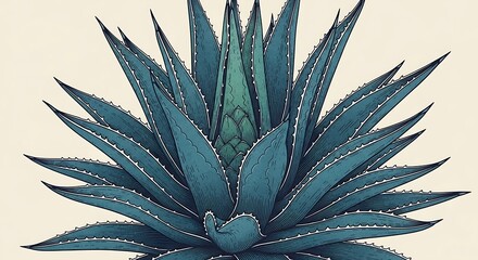 Detailed botanical illustration of a blue agave plant with spiky leaves and a creamy background
