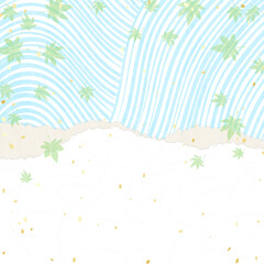 水に流れる青紅葉　和紙風の背景イラスト