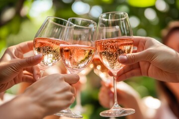 Celebratory toast with rose wine. Friends with glasses of champagne. Summer office party. Social event celebration outdoors. Hands holding a glass of Prosecco, Generative AI