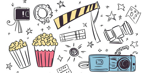 Hand drawn doodle style movie cinema elements including popcorn boxes, film clapperboard, video camera, spotlights, and film reel in flat minimalist vector design