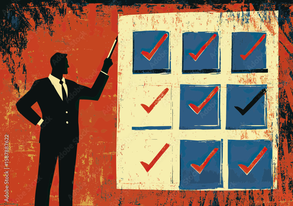 Poster businessman silhouette pointing completed checklist with red and black check marks on textured grung
