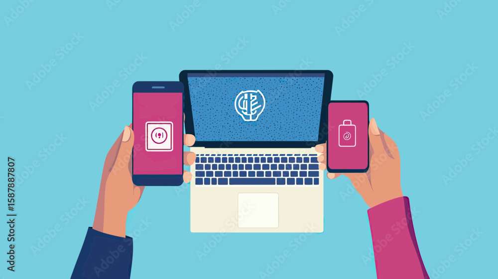 Aufkleber hands holding smartphone with security icon and phone with lock icon next to laptop displaying abstr
