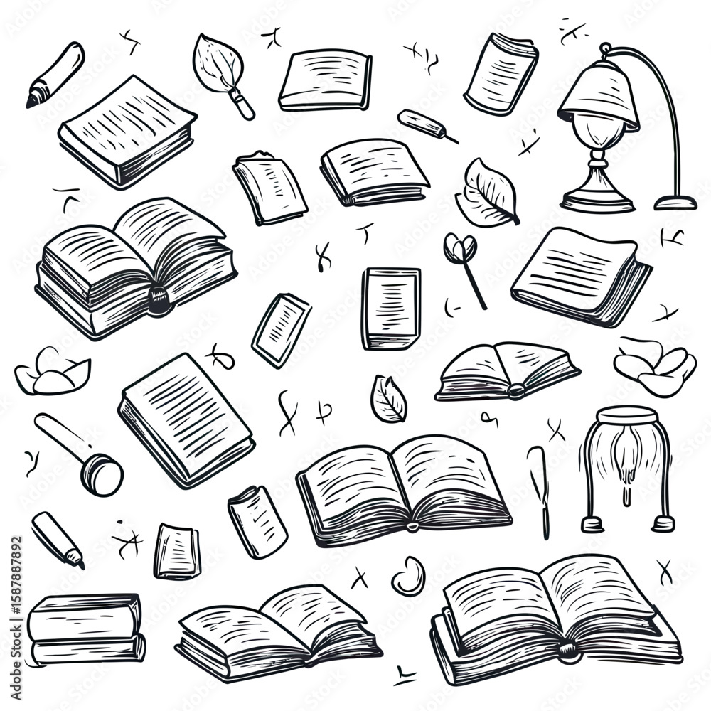 Poster hand drawn doodle set of books open and closed with reading lamp leaves and bookmarks sketch style e
