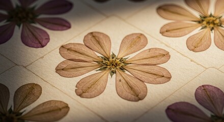 Dried Pressed Flowers Pattern on Textured Handmade Paper with Soft Natural Light