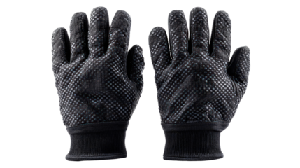 Black coated nylon gloves with elastic cuffs background isolated on a Transparent background, PNG file.