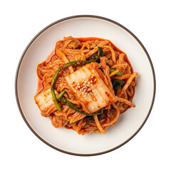 A plate of vibrant kimchi, showcasing fermented cabbage with spices and herbs.