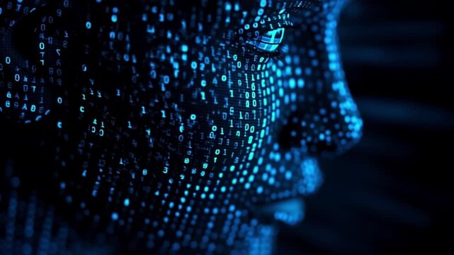 Digital face glowing with blue binary code, showcasing artificial intelligence and futuristic technology in mysterious, captivating, and thoughtful expression of advanced digital code and technology