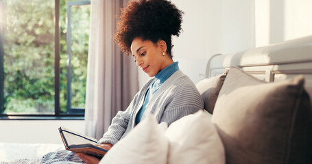 Morning, woman and reading notebook in bedroom for future goal, planning and growth. Relax, writing...