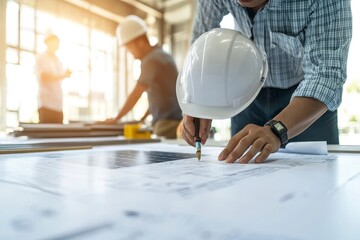 Construction consultant meeting and planning the installation of solar panels on a building, Generative AI