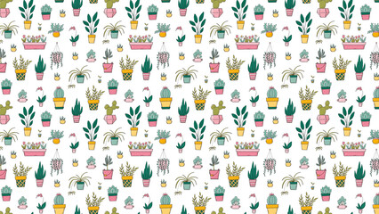 Seamless pattern featuring various potted plants and cacti on a white background design element