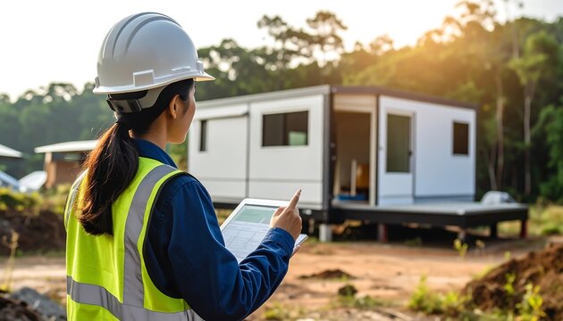 Female engineer reviewing site plans