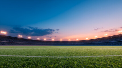 A dramatic view of a large soccer stadium at dusk, showcasing illuminated grandstands and a vibrant green field. white 20258797 1