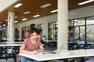 Education, writing notes and girl in college for knowledge, assignment project or learning. Book,...