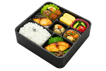 Traditional bento box with grilled fish, rice, and vegetables isolated on a transparent background