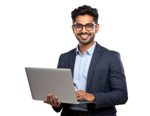 Young Indian Professional Using Laptop with Confident Smile, PNG transparent backgrou 