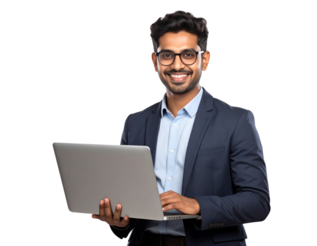 Young Indian Professional Using Laptop with Confident Smile, PNG transparent backgrou 