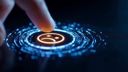 Finger pressing digital sad emoji on futuristic touchscreen interface with glowing blue circular data visualization symbolizing emotional expression and advanced technology interaction - Powered by Adobe