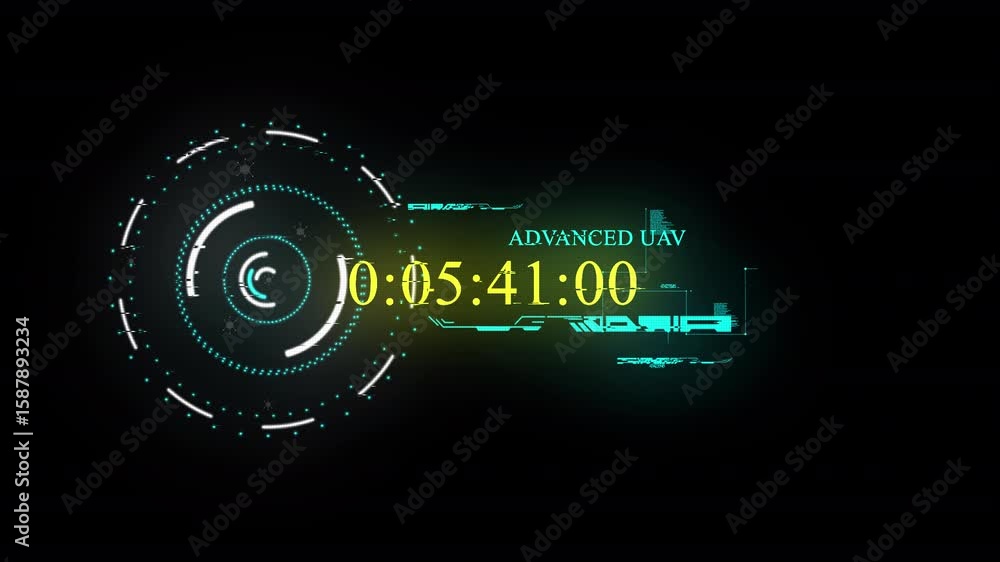 Poster high-tech hud interface with circular radar, digital countdown timer, and “advanced uav” text, ideal