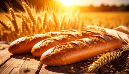 Crunchy Golden Baguettes On Old Wooden Table