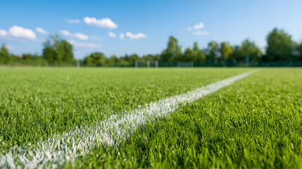 Freshly mowed green grass on a sports field with crisp white lines marking the boundaries. white 59867717 1