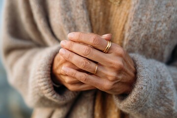 Delicate gold rings adorn hands of a person wearing a cozy sweater in a serene setting