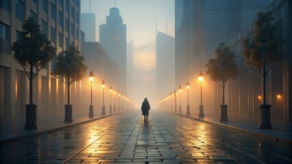 Solitary figure walking through illuminated foggy city street