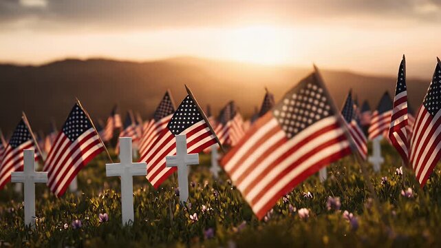 rows of flags planted in green field with white crosses for remembrance