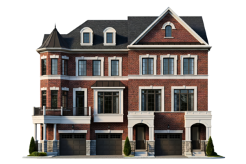 Large traditional red brick townhouse with three garage doors isolated on a transparent background