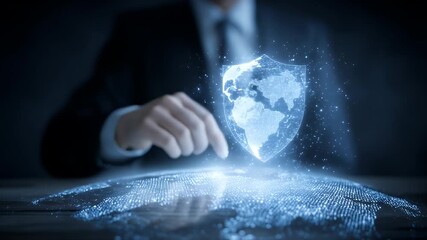 Businessman interacts with a glowing digital shield hovering above a virtual world map, symbolizing global cybersecurity and data protection. - Powered by Adobe