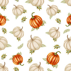 Seamless pattern with white and orange pumpkins mixed with autumn leaves, cozy and seasonal, painted in delicate watercolor style, perfect for fall decorations, wrapping paper, and textiles.