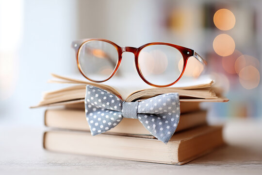 Books with reading glasses and a bow tie create a whimsical study setup