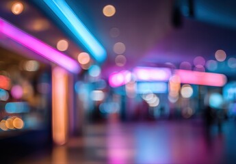 Blurry view of a vibrant, illuminated shopping mall at night