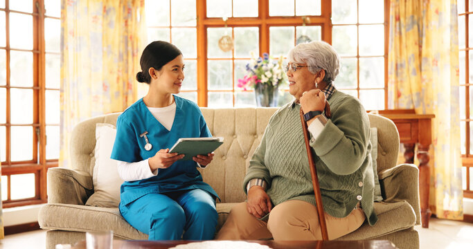 Tablet, old woman and caregiver in home for healthcare, results or consultation. Nurse, technology and happy senior patient in retirement for homecare, medical service or checkup with wellness update - Powered by Adobe