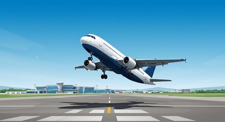 Obraz premium Soaring to New Heights: An aircraft takes flight from an airport runway, a symbol of travel and exploration under a clear blue sky.
